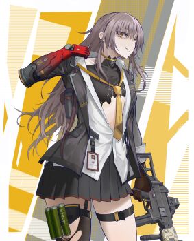 1girl absurdres arm_up black_jacket black_skirt black_thighhighs closed_mouth clothes_pull commentary english_commentary flare flat_chest foregrip garter_belt girls'_frontline girls'_frontline_2:_exilium grey_hair gun highres holding holding_gun holding_weapon id_card jacket kto_znaet laser_sight leva_(girls'_frontline_2) long_hair looking_at_viewer loose_necktie mechanical_arms necktie open_clothes open_jacket partially_open_shirt pleated_skirt shirt shirt_pull single_thighhigh skirt smile solo submachine_gun thighhighs torn_clothes torn_thighhighs ump45_(girls'_frontline) very_long_hair weapon white_shirt yellow_eyes yellow_necktie yellow_shirt