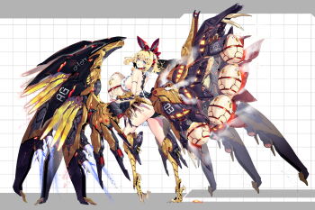 Rule 34 | 1girl, absurdres, apron, artery gear, artery gear: fusion, bare legs, bare shoulders, blonde hair, blue eyes, egg, hair ornament, hairclip, highres, holding, holding egg, jewelry, mecha musume, mechanical ears, mechanical legs, mechanical wings, medium hair, nearly naked apron, official art, open mouth, phoebe (artery gear), thighlet, wings, zhu fun