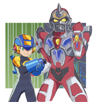 Rule 34 | 2boys, arm cannon, arm up, clenched hand, colored sclera, commentary request, crossover, denkou choujin gridman, green eyes, gridman (character), gridman (denkou choujin), helmet, kin-san (sasuraiga), male focus, mega man (series), mega man battle network, mega man battle network (series), megaman.exe, multiple boys, sketch, smile, weapon, yellow sclera