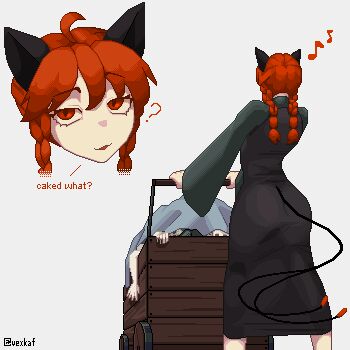 ? ahoge animal_ears ass black_dress braid cat_ears cat_girl cat_tail clueless corpse dress from_behind green_shirt kaenbyou_rin long_sleeves multiple_tails musical_note pixel_art red_eyes red_hair shirt standing tail touhou twin_braids twitter_username two_tails vexkaf wheelbarrow