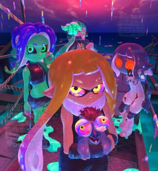 4girls agent_3_(splatoon) agent_3_(splatoon_3) agent_4_(splatoon) agent_8_(splatoon) black_sclera blue_hair captain_3_(splatoon) colored_sclera colored_skin commentary corruption english_commentary green_eyes green_hair green_skin headphones highres inkling long_hair long_sleeves multiple_girls nintendo octoling orange_hair outdoors ovolo123 pointy_ears rainbow_sclera red_eyes smallfry_(splatoon) smile splatoon_(series) splatoon_3 sunset tentacle_hair yellow_eyes