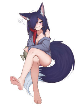 Rule 34 | 1girl, absurdres, andreypavlow, animal ears, ass, barefoot, black hair, breasts, closed mouth, collarbone, commentary, crossed legs, fox ears, fox girl, fox tail, full body, hair over one eye, highres, long hair, long sleeves, medium breasts, original, panties, simple background, single bare shoulder, smile, solo, tail, underwear, white background