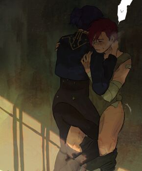 2girls arcane:_league_of_legends arcane_caitlyn arcane_vi bandaid bandaid_on_face bandaid_on_nose black_pants blue_jacket blush caitlyn_(league_of_legends) clothes_pull commentary english_commentary frottage green_leotard hand_on_another's_neck hand_on_another's_shoulder highres jacket jsnrksapphic league_of_legends leg_between_thighs leotard multiple_girls pants pants_pull parted_lips ponytail purple_hair red_hair scar scar_on_leg short_hair sweatdrop vi_(league_of_legends) yuri