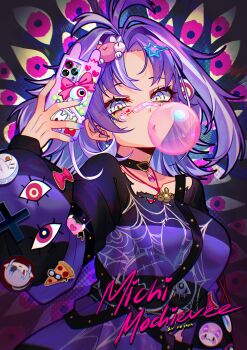 1girl absurdres badge bandaid bandaid_on_face bandaid_on_nose black_shirt cellphone character_name chewing_gum general_geega grey_hair hair_ornament hen_squad_(henya_the_genius) highres holding holding_phone looking_at_viewer medium_hair michi_mochievee michi_mochievee_(teen) multicolored_hair nail_polish phone purple_hair purple_nails purple_shirt shirt smartphone star_(symbol) star_hair_ornament streaked_hair virtual_youtuber vshojo white_hair xeapher