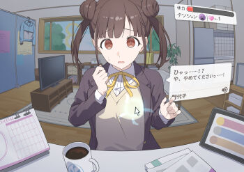 1girl absurdres amama_(pcnk4878) blush breasts brown_eyes brown_hair calendar_(object) coffee coffee_mug commentary_request cup cursor double_bun empty_eyes fisheye flying_sweatdrops gameplay_mechanics grey_jacket hair_bun highres idolmaster idolmaster_shiny_colors indoors jacket long_sleeves looking_at_viewer mug neck_ribbon open_clothes open_jacket open_mouth raised_inner_eyebrows ribbon short_hair solo sonoda_chiyoko sweatdrop translation_request twintails yellow_ribbon
