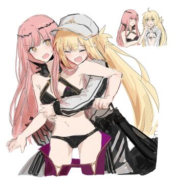 2girls ahoge artoria_caster_(fate) artoria_caster_(swimsuit_berserker)_(first_ascension)_(fate) artoria_pendragon_(fate) bare_shoulders baseball_cap bikini black_bikini black_pants blonde_hair blush breasts circlet cleavage closed_eyes cnoc_na_riabh_(fate) cnoc_na_riabh_(swimsuit_foreigner)_(fate) criss-cross_halter fate/grand_order fate_(series) green_eyes halterneck hat highres hug leggings long_hair long_sleeves looking_at_viewer medb_(fate) medium_breasts multiple_girls multiple_views navel nekwnek open_mouth pants pink_hair shrug_(clothing) sidelocks small_breasts smile swimsuit thighs twintails white_bikini white_hat white_shrug yellow_eyes