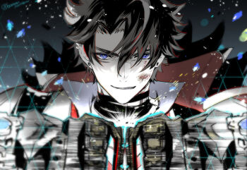 Rule 34 | 1boy, arms up, black hair, blue eyes, bruise, bruise on face, collared shirt, commentary request, ear piercing, earrings, genshin impact, highres, injury, jewelry, male focus, mori morii, multicolored hair, multiple earrings, parted lips, piercing, shirt, short hair, smile, solo, streaked hair, stud earrings, upper body, watermark, white shirt, wriothesley (genshin impact)