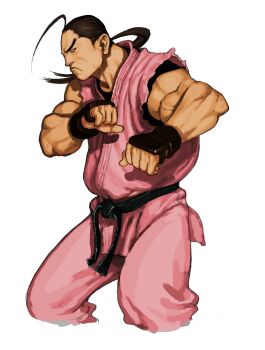 Rule 34 | 1boy, ahoge, brown hair, capcom vs. snk, dougi, fighting stance, fingerless gloves, game cg, gloves, hibiki dan, highres, ikeno daigo, male focus, martial arts belt, mma gloves, muscular, muscular male, non-web source, official art, ponytail, scowl, simple background, sleeveless, solo, street fighter, torn clothes, torn sleeves, undershirt, v-shaped eyebrows, veins, veiny arms