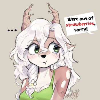 ... 1girl animal_ears antlers bare_shoulders blush brown_background buupnya commentary deer_antlers deer_ears deer_girl eating english_commentary furry furry_female green_eyes green_shirt hair_between_eyes highres horns long_hair original shirt simple_background solo tearing_up white_hair