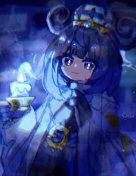 1girl ashirene822 blunt_bangs bob_cut candle candle_wax candlestand closed_mouth coat dress gwynn_(pokemon) hat highres holding_candlestand long_sleeves looking_at_viewer nintendo open_clothes open_coat pokemon pokemon_legends:_z-a short_hair signature solo white_coat