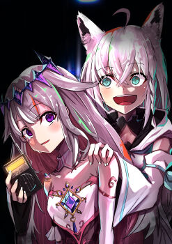 2girls absurdres ahoge animal_ear_fluff animal_ears blush braid bridal_gauntlets collar colored_inner_hair commentary_request detached_collar dress fox_ears fox_girl green_eyes grey_hair hair_between_eyes hand_on_another&#039;s_shoulder highres hololive hololive_english koseki_bijou koseki_bijou_(1st_costume) long_hair looking_at_another multicolored_hair multiple_girls nanakusa_ayame open_mouth phasmophobia pink_hair purple_eyes shirakami_fubuki shirakami_fubuki_(1st_costume) sidelocks single_braid single_bridal_gauntlet sweatdrop virtual_youtuber white_bridal_gauntlets white_collar white_dress white_hair