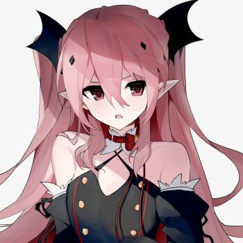 1girl bare_shoulders breasts carternanmen collarbone commentary_request criss-cross_halter detached_collar detached_sleeves double-parted_bangs fang flat_chest hair_ornament hairclip halterneck highres krul_tepes long_hair looking_at_viewer open_mouth owari_no_seraph pink_eyes pink_hair pointy_ears red_ribbon ribbon skin_fang solo upper_body very_long_hair white_background