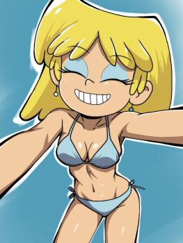 1girl bikini blonde_hair blue_background blue_bikini breasts closed_eyes earrings grin highres jewelry lori_loud makeup maximil66748460 medium_breasts short_hair side-tie_bikini_bottom smile solo standing swimsuit teeth the_loud_house