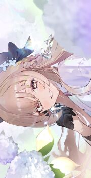 Rule 34 | 1girl, black bow, black gloves, blush, bow, braid, brown hair, earrings, eyelashes, flower, gloves, hair bow, happy, highres, hydrangea, jewelry, long hair, looking at viewer, original, purple flower, smile, solo, totomong, upper body, white bow, white flower