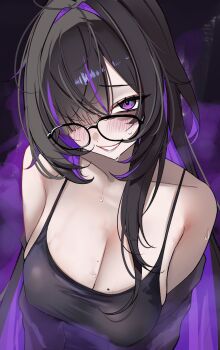 1girl :d bags_under_eyes black-framed_eyewear black_camisole black_hair breasts camisole colored_inner_hair commentary covered_erect_nipples glasses goddess_of_victory:_nikke grin hair_over_one_eye highres label_(nikke) large_breasts long_hair looking_at_viewer mole mole_on_breast multicolored_hair off_shoulder open_mouth purple_eyes purple_hair purple_streaks rifufu smile solo symbol-only_commentary upper_body very_long_hair