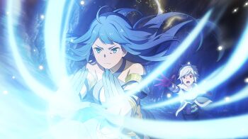 1boy 1girl anime_coloring aqua_eyes armlet artemis_(danmachi) bare_shoulders bell_cranel blue_hair cave_interior criss-cross_halter danmachi_battle_chronicle dress dungeon_ni_deai_wo_motomeru_no_wa_machigatteiru_darou_ka floating_hair game_cg gloves gold_armlet grey_gloves halterneck highres jacket jewelry long_hair magic non-web_source official_alternate_costume official_art open_mouth palms reaching reaching_towards_another red_eyes red_gloves short_hair sleeveless sleeveless_dress white_dress white_hair white_jacket