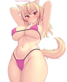 1girl :3 animal_ears armpits arms_up bikini blonde_hair blush breasts cameltoe cat_ears cat_tail closed_mouth highres large_breasts looking_at_viewer micro_bikini multicolored_hair navel nottytiffy original presenting_armpit red_eyes red_hair smile solo standing streaked_hair swimsuit tail tiffy_(nottytiffy) two-tone_hair underboob