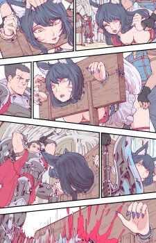 1girl 2boys absurdres ahri_(league_of_legends) animal_ears axe black_hair blood darius_(league_of_legends) decapitation execution eyeshadow facial_mark fingerless_gloves fingernails fox_ears fox_tail gloves guro hetero highres holding holding_axe indoors league_of_legends leveen long_fingernails long_hair makeup multiple_boys multiple_views open_mouth pillor pillory rape red_eyeshadow scar scar_across_eye scar_on_face second-party_source sequential sex sex_from_behind tail whisker_markings yellow_eyes