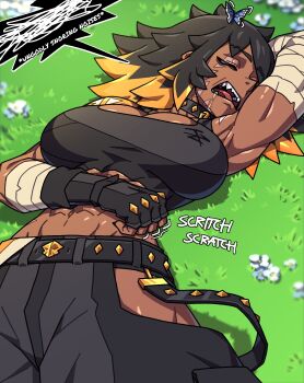 1girl abs aniwars arm_up belt black_gloves black_hair black_pants blurry blurry_background breasts bug butterfly cleavage closed_eyes clothing_cutout collar commentary cowboy_shot dark-skinned_female dark_skin english_commentary english_text fangs fingerless_gloves flower gloves grass hellhound_(aniwars) highres hip_vent insect large_breasts lying motion_lines multicolored_hair muscular muscular_female navel on_back open_mouth orange_hair pants ponaners saliva scar scar_on_face scratching sharp_teeth skull_belt snoring solo speech_bubble teeth two-tone_hair white_flower