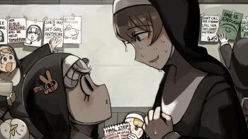 5girls bird black_eyes blonde_hair blue_eyes brown_hair bunny_nun_(diva) chicken clumsy_nun_(diva) commentary covering_own_eyes diva_(hyxpk) duck english_commentary eye_contact eyelashes grey_hair hair_ornament highres little_nuns_(diva) looking_at_another multiple_girls nervous_sweating note nun poster_(object) rabbit_hair_ornament shy_nun_(diva) spicy_nun_(diva) sweat traditional_nun yellow_eyes