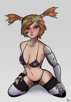 Rule 34 | 1girl, absurdres, aobacarry, ass, bikini, blonde hair, blush, borderlands, borderlands (series), borderlands 2, cyborg, female focus, gaige, gaige (borderlands), gearbox software, goggles, goggles on head, highres, prosthesis, prosthetic arm, prosthetic limb, sci-fi, science fiction, solo, swimsuit, thighhighs