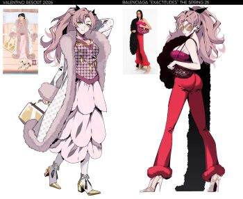 3girls aer007580 alternate_costume bag coat commentary english_commentary feather_boa full_body fur-trimmed_coat fur-trimmed_pants fur_trim glasses green_eyes handbag high_heels highres holding holding_bag long_hair multiple_girls nicole_demara open_clothes open_coat pants pink_hair pink_skirt red_pants reference_inset shoes simple_background skirt standing white_background white_coat zenless_zone_zero