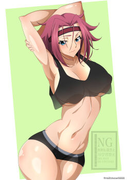 1girl absurdres armpit_crease armpits arms_behind_head artist_name black_panties blue_eyes breasts closed_mouth code_geass collarbone crop_top female_focus headband highres kouzuki_kallen large_breasts legs_together light_blush lips medium_hair navel panties parted_bangs railtracer8888 red_hair red_headband shiny_skin solo underboob underwear