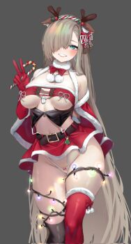 1girl antlers arm_behind_head asuna_(blue_archive) asymmetrical_legwear bare_shoulders black_thighhighs blue_archive blue_eyes blush breasts brown_hair cape christmas_lights commentary english_commentary fake_antlers fur-trimmed_cape fur_trim gloves grey_background hair_over_one_eye highres horns kyotomeru long_hair looking_at_viewer medium_breasts navel panties red_gloves red_skirt red_thighhighs reindeer_antlers revealing_clothes simple_background skirt solo thighhighs underboob underwear white_panties