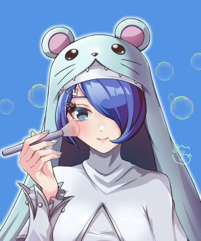 Rule 34 | 1girl, blue background, blue eyes, blue hair, commentary request, cross-shaped pupils, digimon, digimon (creature), dress, hair over one eye, highres, holding, holding brush, holding makeup brush, looking at viewer, makeup brush, manchi kansuke, nail polish, nun, pink lips, simple background, sistermon ciel, smile, solo, symbol-shaped pupils, upper body, white dress