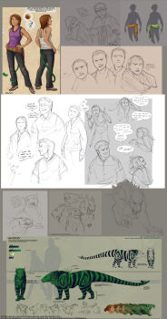 Rule 34 | 1girl, 2boys, animal ears, animal hands, bashcat (greekceltic), beard, breasts, cat ears, cat paws, clothes around waist, commentary, comparison, dated, denim, english text, facial hair, full body, glasses, greekceltic, green eyes, green fur, hands on own hips, highres, jacky (greekceltic), jeans, medium hair, multiple boys, orange hair, pants, ponytail, purple tank top, reference sheet, shoes, shydog (greekceltic), signature, simple background, size comparison, size difference, speech bubble, tail, tank top, transformation, white tank top