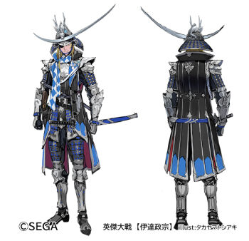 1boy armor blonde_hair date_masamune_(real_life) dou dragon dragon_horns eastern_dragon eastern_dragon_horns eiketsu_taisen eyepatch helmet japanese_armor japanese_clothes kabuto_(helmet) katana kote long_hair looking_at_viewer male_focus samurai sega sheath shoulder_armor simple_background sode solo suneate sword tachi-e takayama_toshiaki weapon white_background yellow_eyes