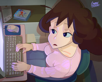 1girl breasts brown_hair cd_case chair computer crayon_shin-chan crystalcheese_(artist) computer_keyboard mature_female computer_mouse mousepad nohara_misae sitting
