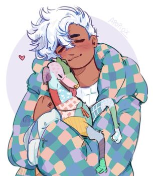 1boy :3 animal animal_hug apopiox artist_name baggy_clothes blush closed_eyes closed_mouth coat commentary dark-skinned_male dark_skin date_everything dog english_commentary hair_between_eyes heart highres long_sleeves male_focus mateo_(date_everything) patchwork_clothes patchwork_skin short_hair simple_background smile thick_eyebrows upper_body white_hair