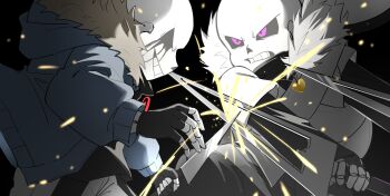 2boys :d alternate_universe black_background black_gloves black_pants black_scarf black_sweater blue_jacket chinese_commentary clenched_teeth commentary_request cowboy_shot dual_persona duel face-to-face fingerless_gloves fur-trimmed_jacket fur_trim gloves gold_necklace grin hanbaobaobaozhu heart heart_necklace highres holding holding_knife holding_sword holding_weapon hollow_eyes hood hood_down hooded_jacket jacket jewelry killer_sans knife layered_sleeves liquid_from_eyes long_sleeves looking_at_another male_focus multiple_boys necklace open_mouth pants puffy_long_sleeves puffy_sleeves purple_eyes sans_(undertale) scarf short-sleeved_jacket short_over_long_sleeves short_sleeves simple_background single_vertical_stripe skeleton smile sparkle sweater sword teeth turtleneck turtleneck_sweater two-tone_pants undertale undertale:_something_new utdr_(toby_fox) v-shaped_eyebrows weapon white_jacket white_pants xtale