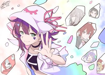 +_+ 2boys 5girls absurdres ahoge black_choker black_hair brown_hair choker clione closed_mouth coat cototiworld crop_top cross-shaped_pupils engi_threepiece facial_mark fujiwara_yumeji green_eyes grey_hair hat highres horizontal_pupils john_doe_(yumekui_merry) kounagi_yui light_smile mask merry_nightmare multiple_boys multiple_girls purple_hair short_hair signature smile symbol-shaped_pupils tachibana_isana triangle triangle_facial_mark v waving white_coat white_hat yumekui_merry