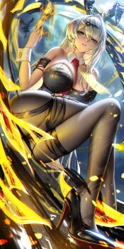 1girl alternate_costume animal_ears black_leotard black_pantyhose black_shoes breasts cleavage crossed_legs fake_animal_ears hair_between_eyes high_heels highres large_breasts leotard liang_xing long_hair looking_at_viewer pantyhose parted_lips patent_heels playboy_bunny pumps rabbit_ears shoes signature sitting solo stiletto_heels very_long_hair white_hair white_wrist_cuffs wrist_cuffs yellow_eyes yixuan_(zenless_zone_zero) zenless_zone_zero