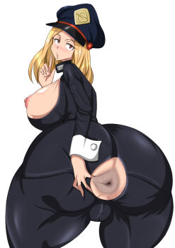 1girl :o alternate_breast_size anus anus_only ass ass_focus backless_bodysuit bare_shoulders black_bodysuit blonde_hair blush bodysuit boku_no_hero_academia breasts breasts_out cameltoe curvy female_focus grabbing_own_ass hat huge_ass large_breasts looking_at_viewer looking_back nipples no_panties open_mouth peaked_cap presenting presenting_anus shijima_(pixiv1182172) shiny_skin simple_background spread_anus spread_ass sweat swim_cap swimsuit thick_thighs thighs tongue tongue_out torn_bodysuit torn_clothes uncensored utsushimi_kemii white_background