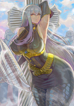 1girl 2others absurdres arm_behind_head armor armpits aura black_dress black_gloves black_pantyhose blue_aura breasts commentary dress elbow_gloves english_commentary expressionless gloves hair_between_eyes hair_over_eyes highres holding holding_shield large_breasts long_hair multiple_others pantyhose polearm red_eyes selvaria_bles senjou_no_valkyria_(series) shield sleeveless sleeveless_dress voidmakerz weapon white_hair