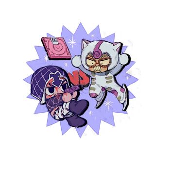 Rule 34 | 2boys, animal print, black eyes, blood, blood on face, bodysuit, cd, chibi, chibi only, fang, full body, ghiaccio, grid teeth, guido mista, gun, handgun, hat, highres, holding, holding gun, holding weapon, ice skates, jojo no kimyou na bouken, male focus, midriff peek, multiple boys, neg 50asu, skates, stand (jojo), vento aureo, weapon, white album (stand), white background, white bodysuit, zebra print