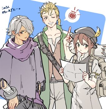 Rule 34 | 1girl, 2boys, alfyn greengrass, backpack, bag, bandaged wrist, bandages, belt, black hat, blonde hair, blue background, border, brown eyes, brown hair, cloak, commentary request, feathers, green eyes, grey hair, grey pants, hat, hiking backpack, holding, holding map, low ponytail, map, multiple boys, octopath traveler, octopath traveler i, one eye closed, open mouth, outside border, pants, ponytail, purple cloak, rico ot, short hair, smile, spoken food, standing, teeth, therion (octopath traveler), translation request, tressa colzione, white border, yellow feathers