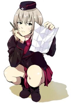 Rule 34 | 10s, 1girl, ankle boots, black boots, black hat, black jacket, black socks, blue eyes, bonkara (sokuseki maou), boots, closed mouth, dress shirt, female focus, frown, full body, garrison cap, girls und panzer, hand on own chin, hat, holding, holding paper, holding pencil, itsumi erika, jacket, kuromorimine military uniform, long hair, long sleeves, looking at viewer, military, military hat, military uniform, miniskirt, paper, pencil, pleated skirt, red shirt, red skirt, shirt, silver hair, simple background, skirt, socks, solo, squatting, white background