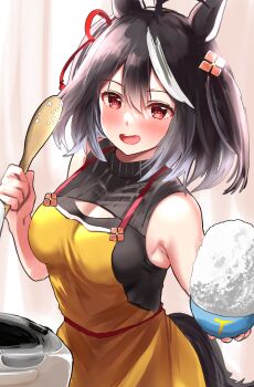 1girl :d ahoge animal_ears apron bad_source bare_shoulders black_hair black_shirt blush bowl breasts cleavage cleavage_cutout clothing_cutout cowboy_shot hair_between_eyes highres holding holding_bowl holding_spoon horse_ears horse_girl horse_tail incoming_food kitasan_black_(umamusume) looking_at_viewer medium_breasts medium_hair open_mouth red_eyes rice rice_cooker sg_(esujii) shirt sleeveless sleeveless_shirt smile solo spoon tail turtleneck turtleneck_shirt umamusume white_hair yellow_apron
