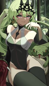 1girl :d absurdres black_dress black_sleeves black_thighhighs breasts commentary_request crown detached_sleeves dress earrings green_eyes green_hair grin highres honkai_(series) honkai_impact_3rd jewelry long_hair looking_at_viewer medium_breasts mobius_(honkai_impact) open_mouth single_earring slit_pupils smile snake solo thighhighs wavy_hair yu_da_yu_da