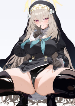 1girl black_leotard black_thighhighs blue_archive blush bodysuit breasts cropped_legs crossed_bangs female_pervert finger_to_mouth gloves grey_hair habit hair_between_eyes halo high_heels highleg highleg_leotard highres index_finger_raised knees_out_of_frame large_breasts latex latex_bodysuit latex_leotard latex_thighhighs legs_apart leotard leotard_pull long_hair long_sleeves looking_at_viewer nakatama_kyou nun partially_visible_vulva pervert purple_eyes sakurako_(blue_archive) sakurako_(justina_uniform)_(blue_archive) bad_tag shiny_clothes shushing simple_background smile solo spread_legs squatting sweat sweatdrop thick_thighs thighhighs thighs tiptoes very_long_hair white_background