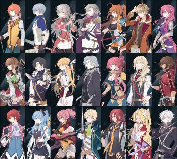 6+boys 6+girls absurdres achan_(blue_semi) ahoge alfin_reise_arnor alisa_reinford ash_carbide aurelia_le_guin belt_pouch black_background black_eyes black_gloves bow braid brown_hair coat crown_braid dress dual_wielding duvalie eiyuu_densetsu elie_macdowell elliot_craig emma_millstein estelle_bright falcom franz_reinford gaius_worzel gloves grey_hair gun hair_bow hair_ornament hairpin highres holding holding_gun holding_shield holding_staff holding_sword holding_weapon joshua_bright juna_crawford jusis_albarea kurt_vander lechter_arundel long_hair multiple_boys multiple_girls necktie numbered pouch randolph_orlando rean_schwarzer red_eyes rufus_albarea sara_valestein sen_no_kiseki sen_no_kiseki_(series) sen_no_kiseki_i sen_no_kiseki_iv shield short_hair smile staff sword tio_plato two-tone_background weapon white_gloves