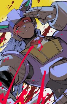 1boy android armor assault_visor blood blue_armor blue_eyes blue_helmet commentary_request dynamo_(mega_man) grey_hair helmet highres kuwagata_mura long_hair male_focus mega_man_(series) mega_man_x_(series) salute solo splashing upper_body yellow_background