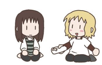2girls animated animated_gif blush controller expressionless full_body game_console game_controller kneeling long_hair lowres multiple_girls namu_(nurui_cha) nintendo open_clothes shirt simple_background talking waving white_background white_shirt wii wii_remote |_|