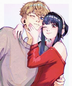 1boy 1girl black_hair blonde_hair blush breasts dress earrings gold_earrings hairband hetero highres husband_and_wife jewelry kuroiitulip long_hair long_sleeves red_eyes red_sweater shirt short_hair sidelocks smile spy_x_family sweater twilight_(spy_x_family) white_hairband yor_briar