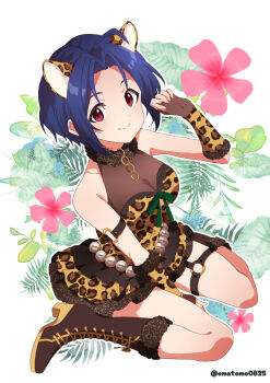 1girl absurdres ahoge animal_ears animal_print blue_hair boots brown_boots closed_mouth commentary elbow_gloves eyelashes fingerless_gloves flower full_body gaogao_leopard_(idolmaster) gloves hair_intakes highres hikono idolmaster idolmaster_million_live! idolmaster_million_live!_theater_days kneeling leopard_ears leopard_print miura_azusa pink_eyes pink_flower short_hair smile solo twitter_username untranslatable_commentary