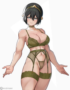 1girl abs absurdres alternate_breast_size_(larger) avatar:_aang_the_last_airbender avatar_legends bare_shoulders black_hair blind blush bra breasts choker cleavage commentary garter_belt green_bra green_panties grey_eyes highleg highleg_panties highres hioyami large_breasts looking_at_viewer muscular muscular_female navel panties parted_lips short_hair smile solo thick_thighs thighs toph_beifong underwear untranslatable_commentary